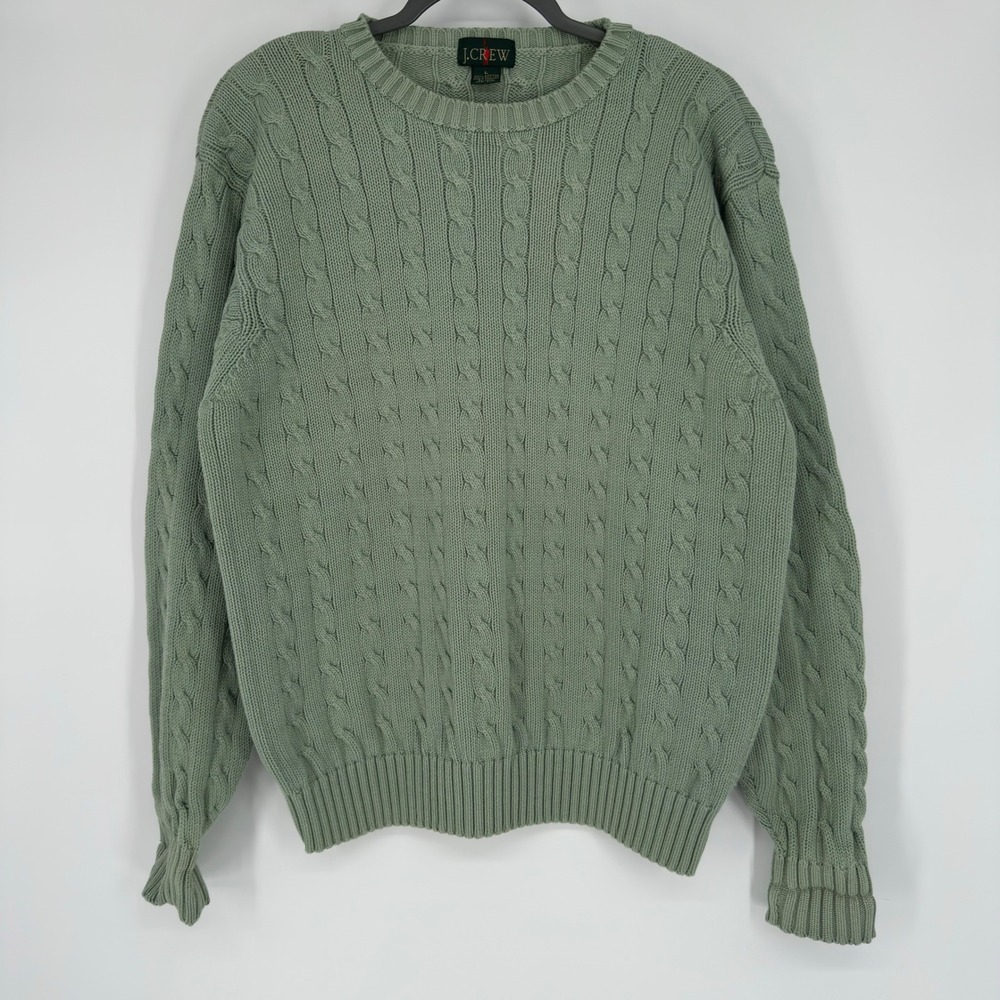 Vintage 90s J.Crew Mens Sage Green Cable Knit Cotton Crewneck Sweater Large